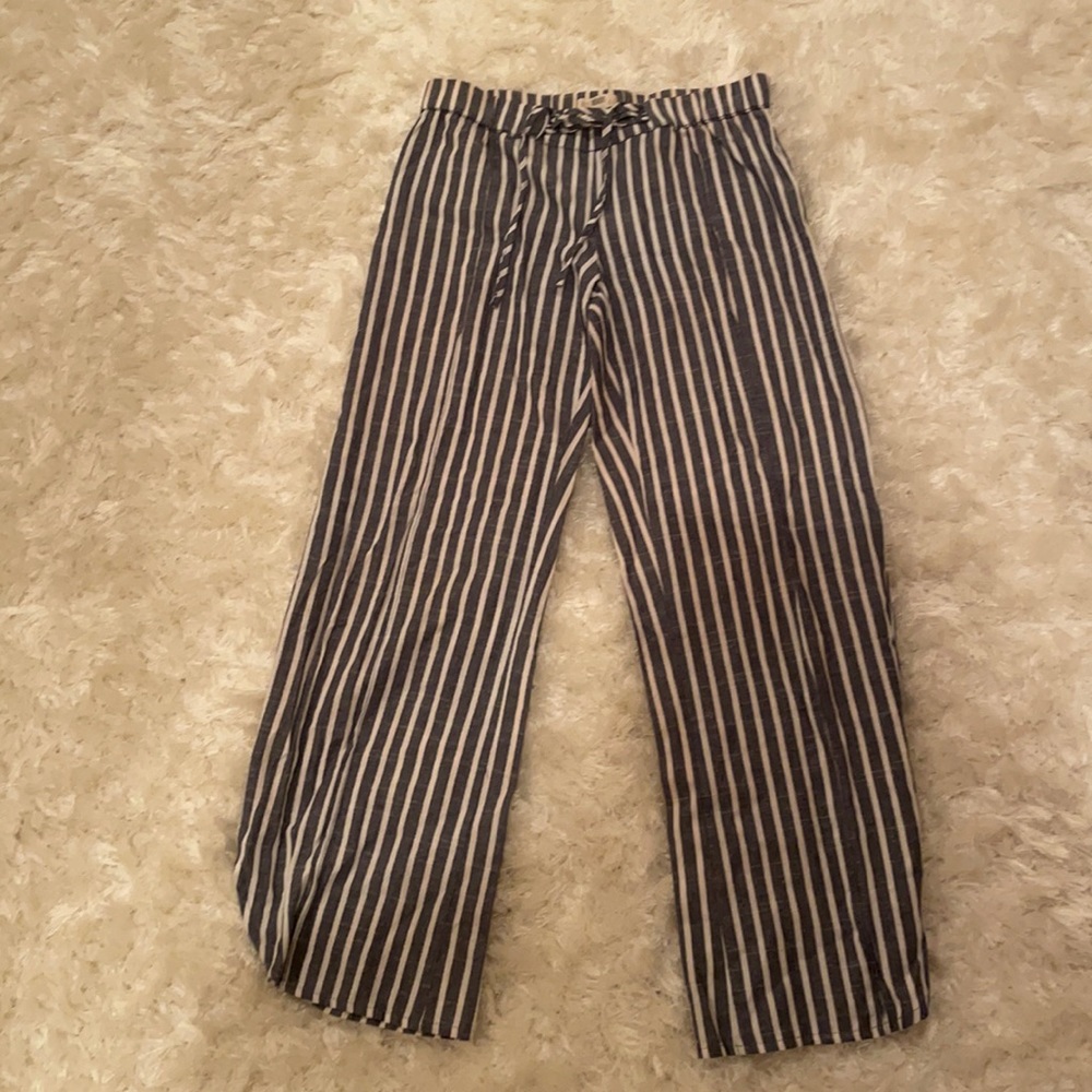 Blue and white striped linen pants